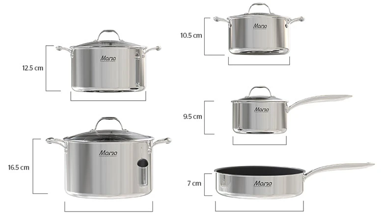 Bộ nồi chảo inox 304 Sunhouse SHG700 - Bộ 5 món đa kích thước