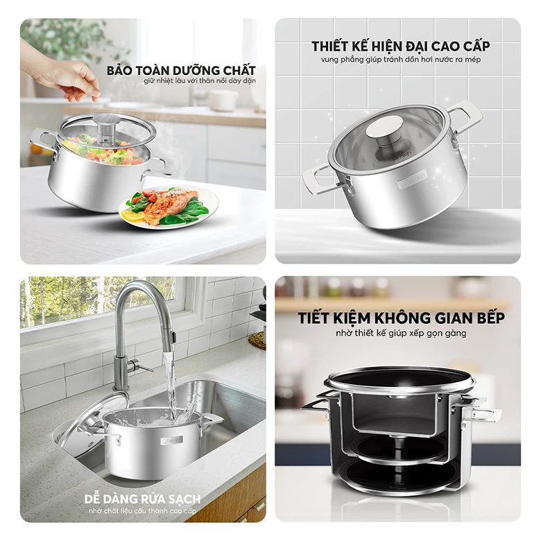 Chất liệu cao cấp - Bộ nồi inox liền khối Elmich Hera EL-8134IN size 18, nồi hấp 22cm, chảo 20, chảo 26cm