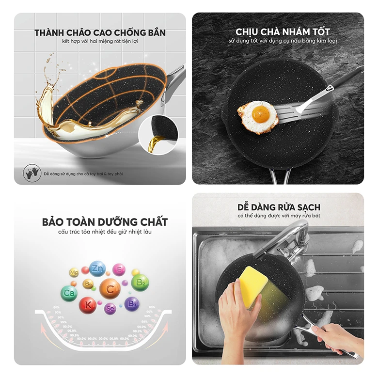 Dễ vệ sinh - Bộ nồi inox liền khối Elmich Hera EL-8134IN size 18, nồi hấp 22cm, chảo 20, chảo 26cm