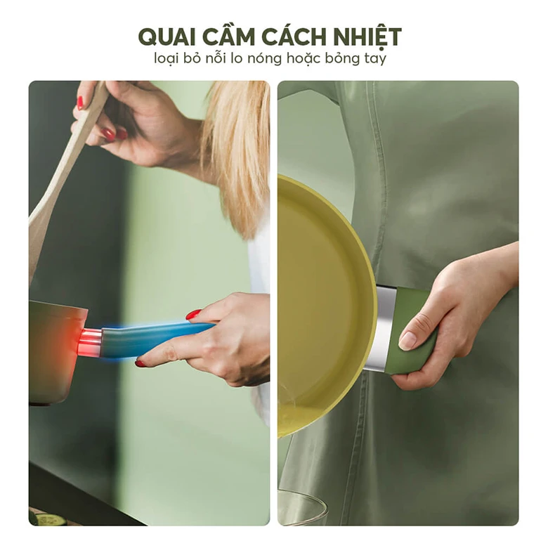 Bộ nồi phủ sứ an toàn Elmich Olive El-5220OV04 quánh 16, nồi 20, 24 cm, chảo 26cm - Tay cầm cách nhiệt