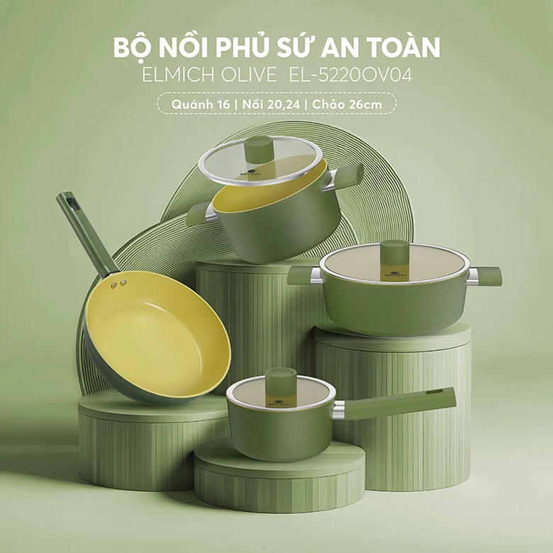 Bộ nồi phủ sứ an toàn Elmich Olive El-5220OV04 quánh 16, nồi 20, 24 cm, chảo 26cm