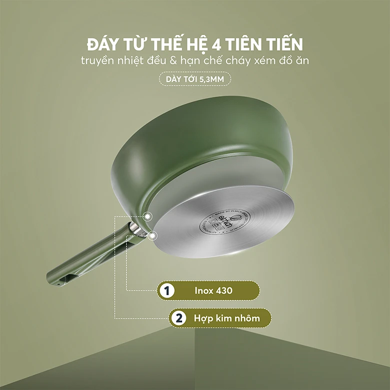 Chảo phủ sứ an toàn Elmich Olive EL-5968OV20 size 20cm - Đáy từ thế hệ 4 bắt từ siêu nhanh