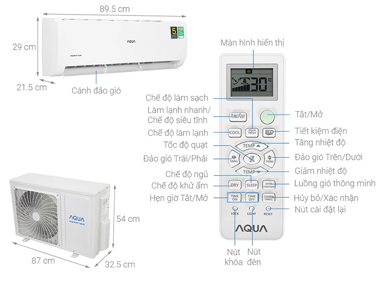 Kích thước - Điều hòa Aqua 1 chiều Inverter 17400 BTU AQA-KCRV18TK
