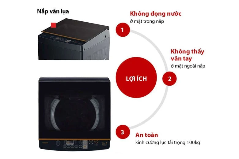 Máy giặt Toshiba Inverter 10 kg AW-DM1100PV (KK) - Nắp kính cường lực vân lụa độc đáo