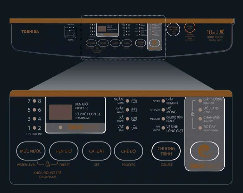 Máy giặt Toshiba Inverter 10 kg AW-DM1100PV (KK) - Bảng điều khiển Anh - Việt thân thiện