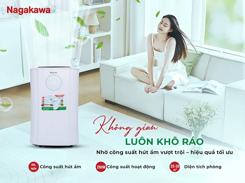 Máy hút ẩm Nagakawa NAD8559 khả năng hút đến 20 lít mỗi ngày