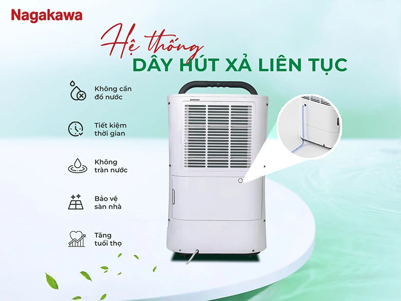 Máy hút ẩm Nagakawa NAD8559 - Hệ thống dây hút xả tiện lợi, an toàn với người sử dụng