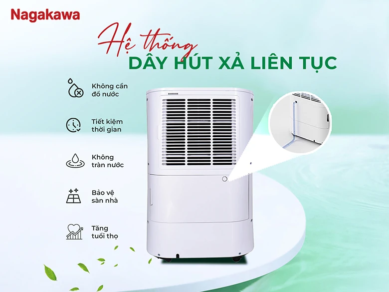 Máy hút ẩm Nagakawa NAD8569 - Hệ thống dây hút xả tiện lợi, an toàn