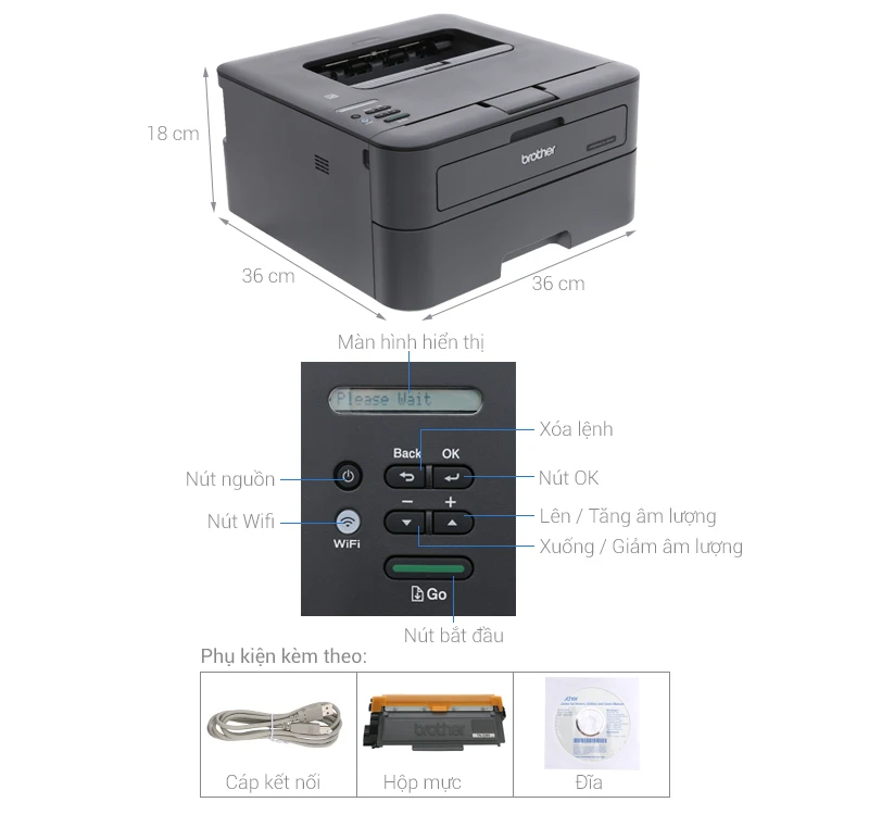 Thông số Máy in laser Brother HL-L2366DW - in mạng, duplex,Wifi