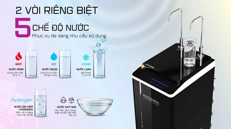 Máy lọc nước ion kiềm Hydrogen Mutosi MP-P89K được trang bị 2 vòi 5 chế độ nước tiện lợi
