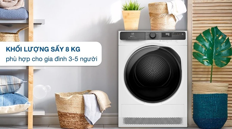 Máy sấy bơm nhiệt ELECTROLUX 8 kg EDH803J5WC - Khối lượng sấy 8kg phù hợp với gia đình từ 3-5 người