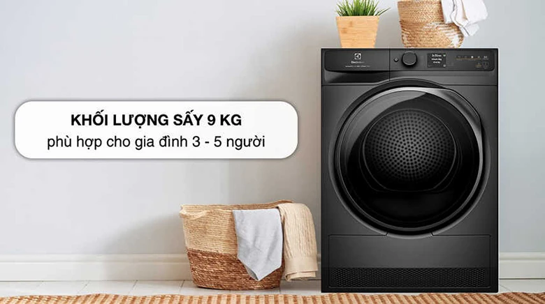 Máy sấy bơm nhiệt Electrolux 9 kg EDH902R9SC - Khối lượng sấy 9kg phù hợp cho gia đình từ 3-5 thành viên