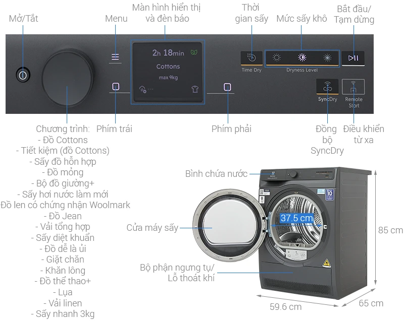 Máy sấy bơm nhiệt Electrolux 9 kg EDH902R9SC