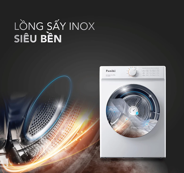 Thiết kế lồng sấy inox - Máy sấy thông hơi Funiki 8kg HD V680AW