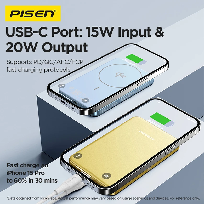 Sạc dự phòng Pisen SleekVolt PowerMag Qi2 20W 5000mAh, Xanh (TP-D147) sạc có dây