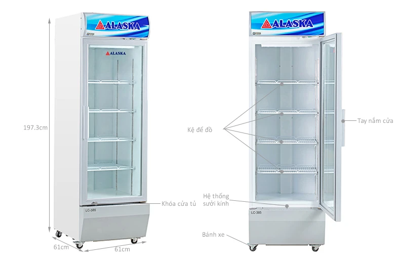 kích thước tủ mát Alaska 382 lít LC-385